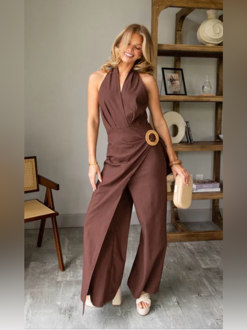 ZARA Brown Halter Wrap Jumpsuit with Ring Detail size large